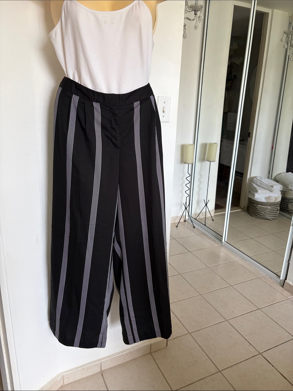 Worthington Black Wide-Leg Pants with Gray Vertical Stripes